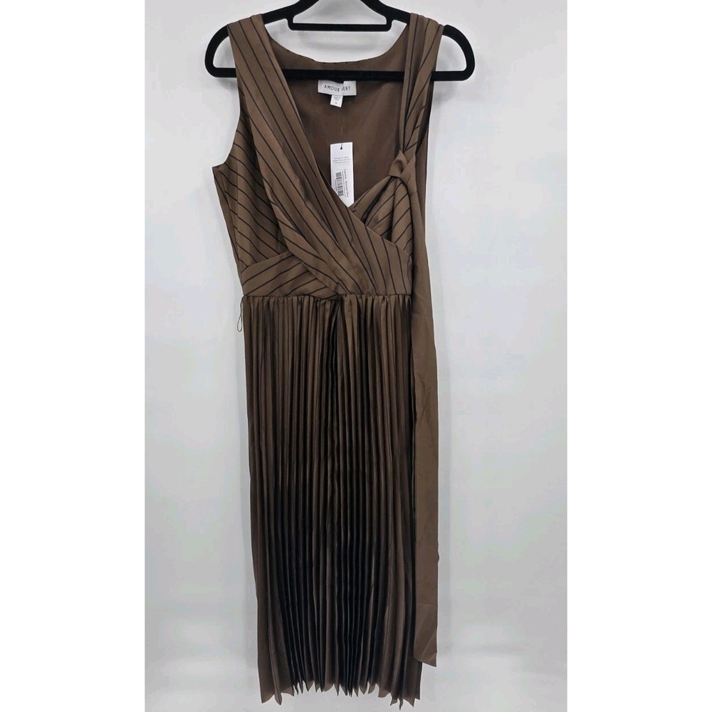 AMOUR VERT CAMBRIA DRESS WOMENS SMALL BRONZE OLIVE PINSTRIPE PLEATED MIDI NEW!! - Picture 2 of 15